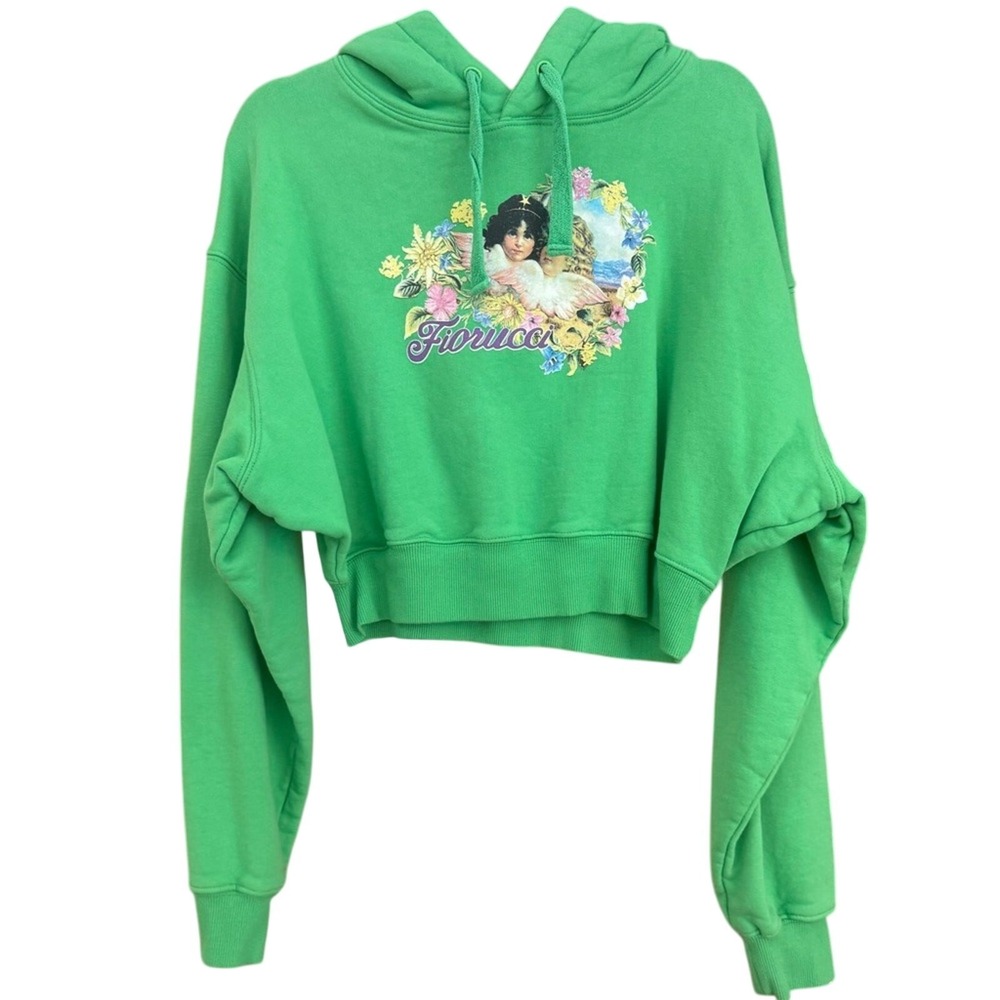 RARE Fiorucci Graphic Sweatshirt Womens Large Alpine Angels Cropped Hoodie Green